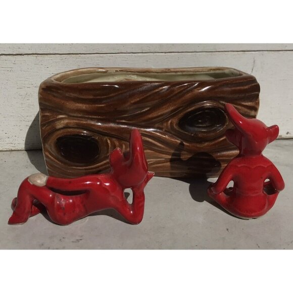 Antq Thames Ceramic Red Pixie Elf MCM 50s Christmas Woodland Planter MCM Lot HTF - Picture 4 of 16